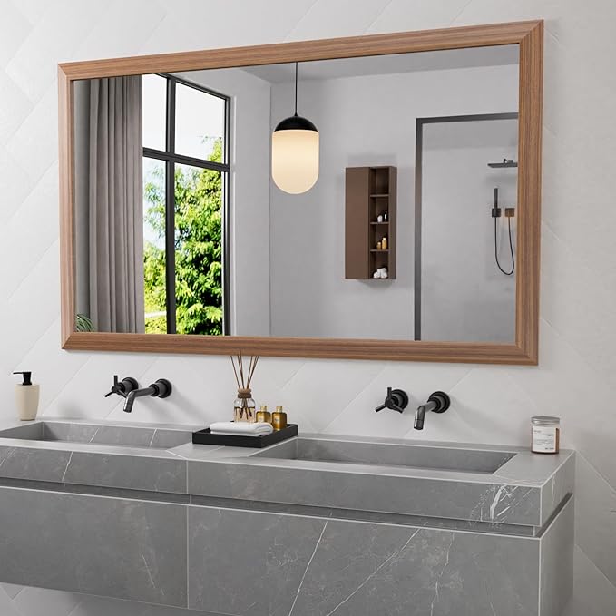 Amorho Bathroom Mirror, 60 X36 Inch Wall Mirror, Walnut Wood Grain Metal Framed by Amorho