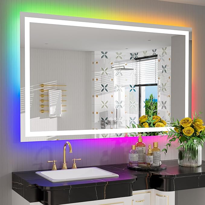 55x36 Inch RGB LED Bathroom Mirror Front Light and RGB Backlit Lighted Vanity by YEELAIT