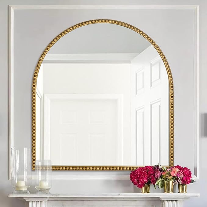 33x31 Inch Arched Bathroom Mirror, Antique Gold Wall Mirror Metal Beaded Frame - Image 2