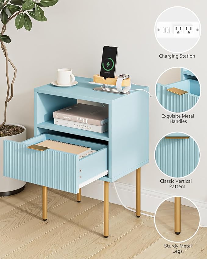Masupu Nightstand with Charging Station, Mid-Century Modern Bedside Table with - Image 5
