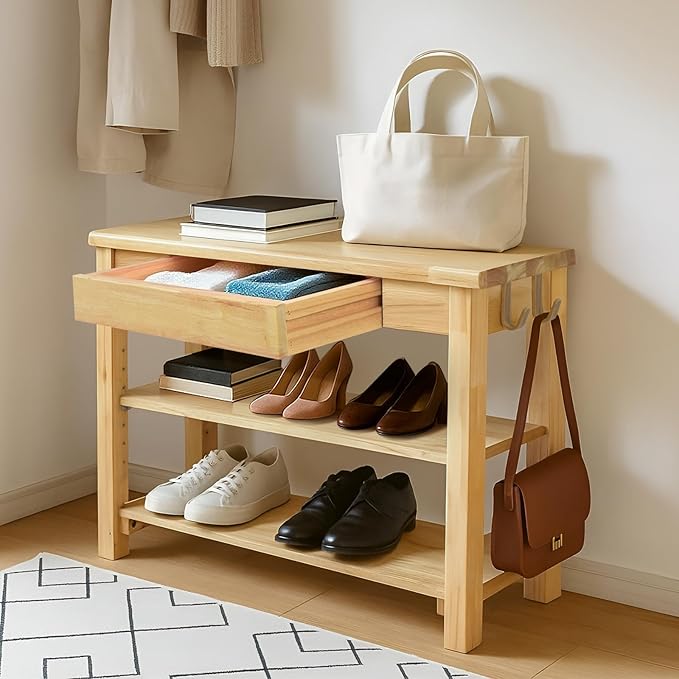 Wood Shoe Bench Entryway with Drawer: 2-Tiers Wooden Storage Shoe Rack with by Unknown