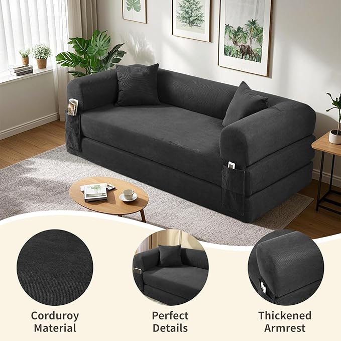 80" Convertible Sofa Bed, Corduroy Deep Seat Folding Pull Out Couch - Image 5