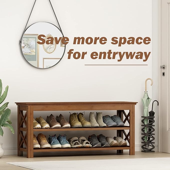 Bamworld Shoe Rack Bench with Storage 3 Tier Bamboo Shoe Bench Entryway Rustic - Image 3