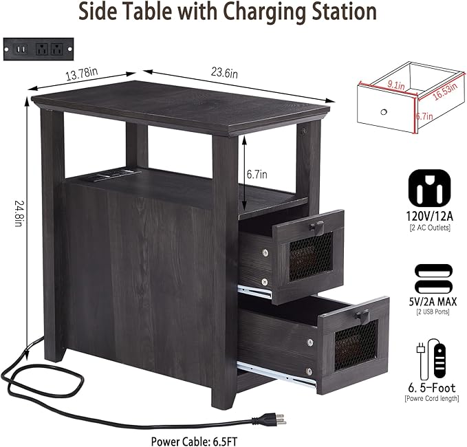 Farmhouse XXL End Table with Charging Station, Narrow Side Table with USB Ports - Image 2