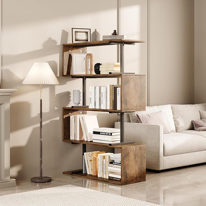 5-Tier Geometric Bookshelf, S Shaped Bookcase, 31.5" W x 58.3" H Wood - Image 3