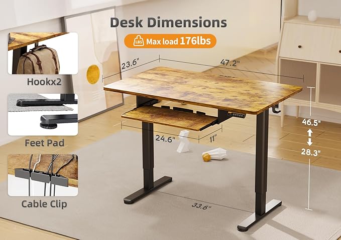 YDN Standing Desk with Keyboard Tray, 48 Inch Height Adjustable Desk, 48inch - Image 3