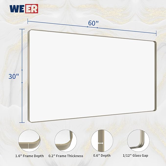 WEER 60X30 Inch Brushed Nickel Bathroom Mirror, Brushed Silver Metal Frame - Image 6