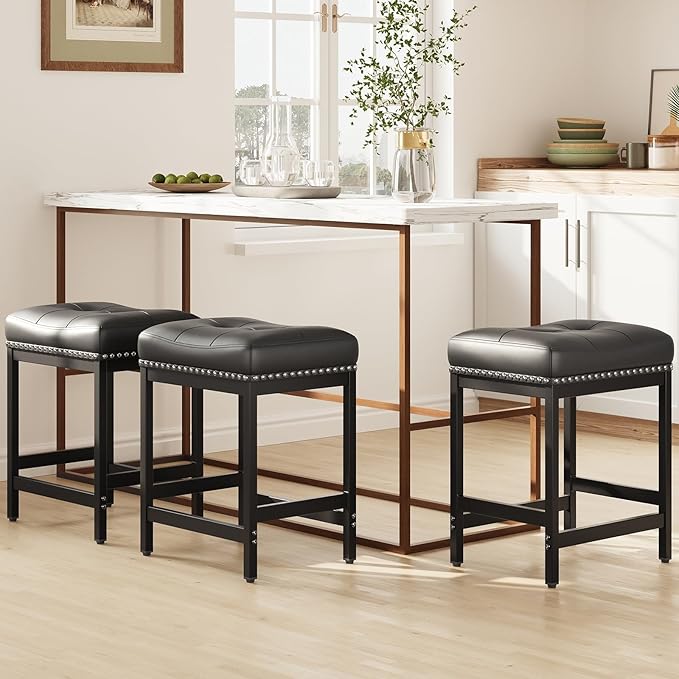 MALOL Set of 3 Saddle Bar Stools Counter Height 24.4”, Modern PU Leather - Image 8