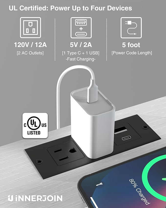 Innerjoin Side Table with Charging Station Set of 2, C Shaped End Table with - Image 7