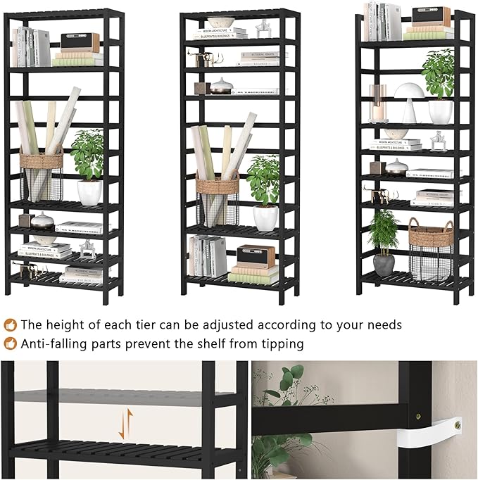Homykic 6-Tier Bamboo Bookshelves and Bookcases, Adjustable 63.4”Tall Shallow - Image 6