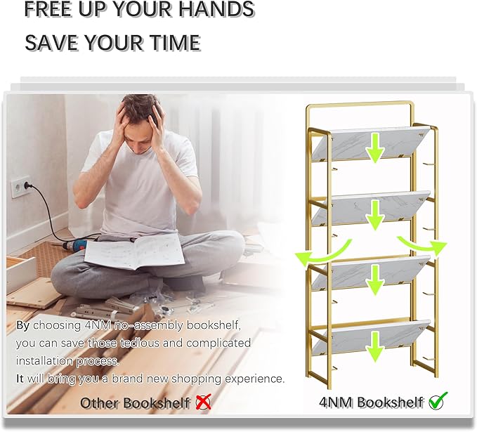 4NM No Assembly Folding Bookshelf, 4-Shelf 54" H Collapsible Foldable Bookcase - Image 7