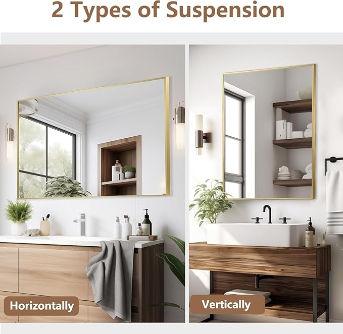 Gold Bathroom Mirror, Brushed Gold Mirror, Metal Frame Square Corner Vanity - Image 7
