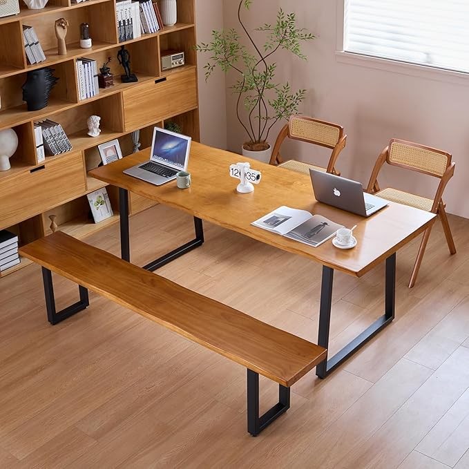 Solid Wood Top Bench with Metal Legs Durable Long Bench - Image 6