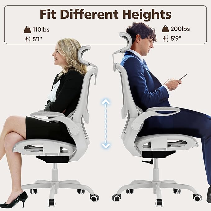 GABRYLLY Ergonomic Mesh Office Chair- White Desk Chair, Flip-Up Armrest - Image 9