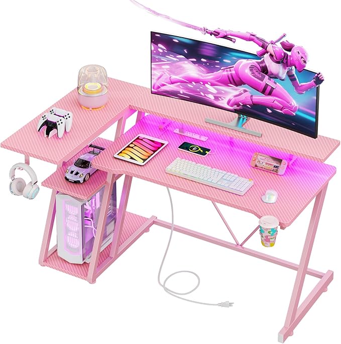 47 Inch Pink Gaming Desk with Power Outlet & LED Lights, Corner Computer Desk by Korfile