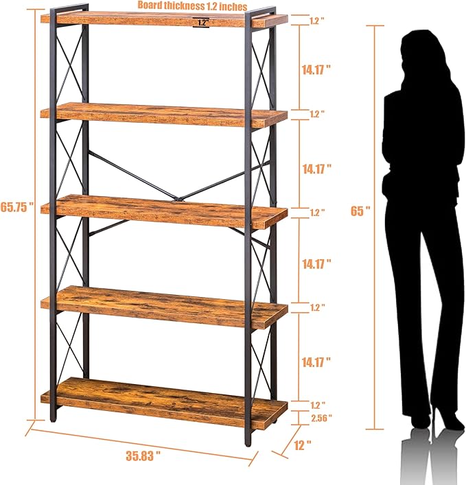 Bookshelf, 5 Tier Book Shelf, Industrial Tall Bookcase - Image 3