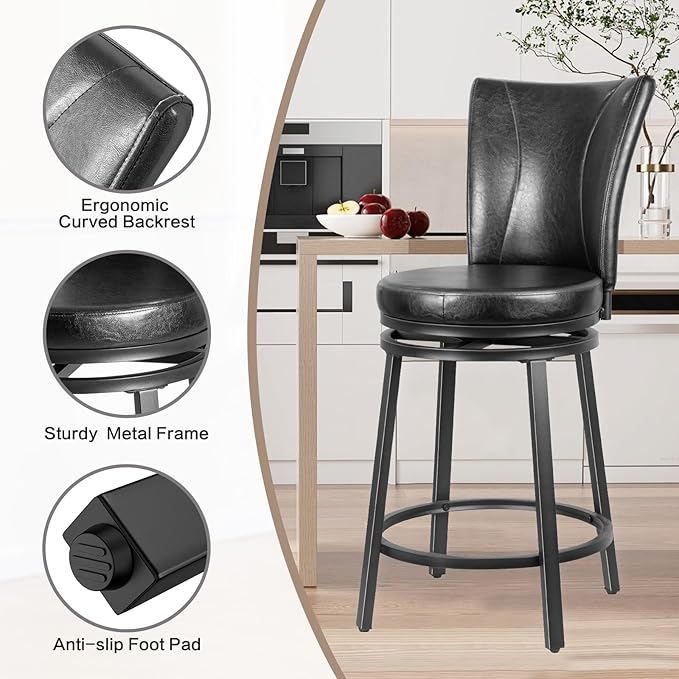Bar Stools Set of 2, Counter Height Swivel Bar Chair - Image 3