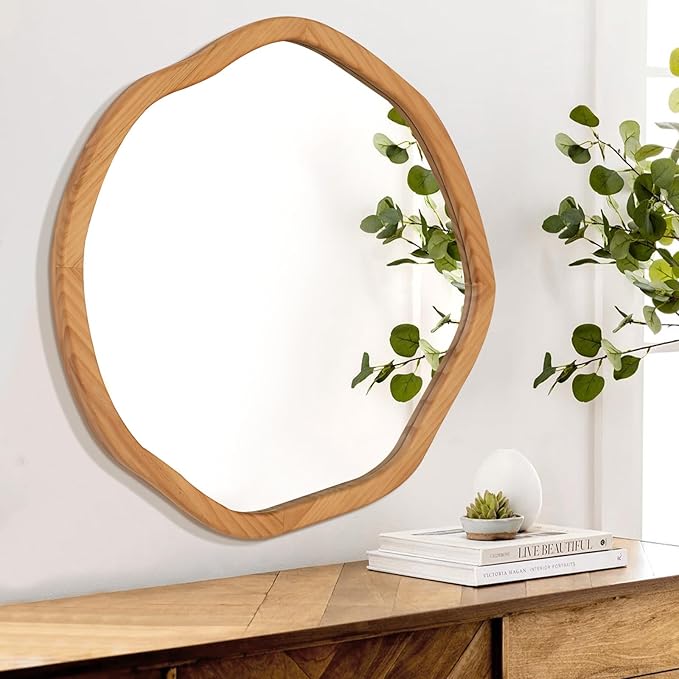 ULIKE Round Wood Mirror, 30 Inch Asymmetrical Circle Vanity Mirror - Image 4