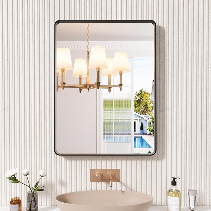 Black Bathroom Mirror 24X32 Inch, Rounded Rectangle Matte Bathroom Vanity Mirror - Image 7