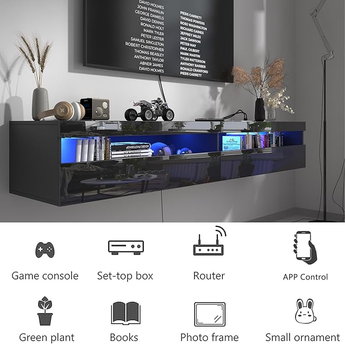 Floating TV Stand with Led Lights, 71 inch Wall Mounted TV Shelf with Power - Image 4