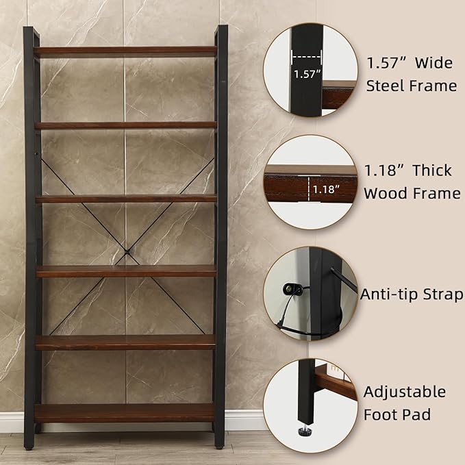 WH-AOERPYMY Natural Real Wood Bookcase, Industrial Bookshelf, 6 Tier Solid Wood - Image 5