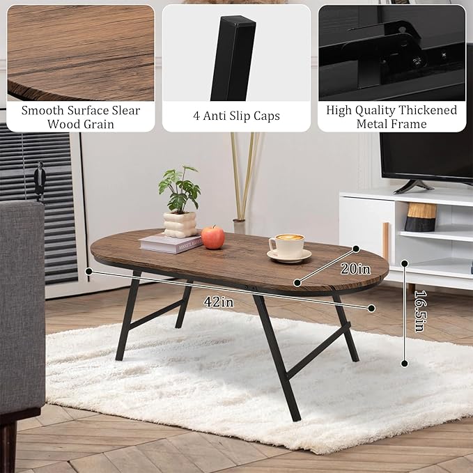 Folding Coffee Table for Small Spaces Wood and Metal Oval Coffee Table Portable - Image 5