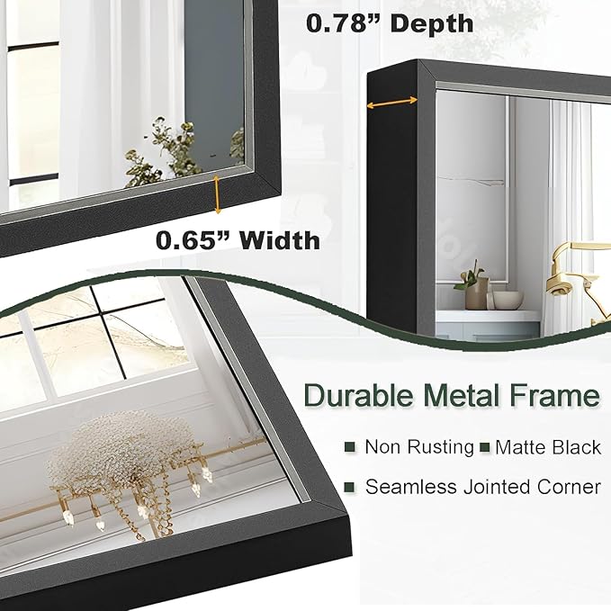 Modern 26"L x 40"W Black Wall Mounted Mirror, Rectangular, Thickened Stainless - Image 6