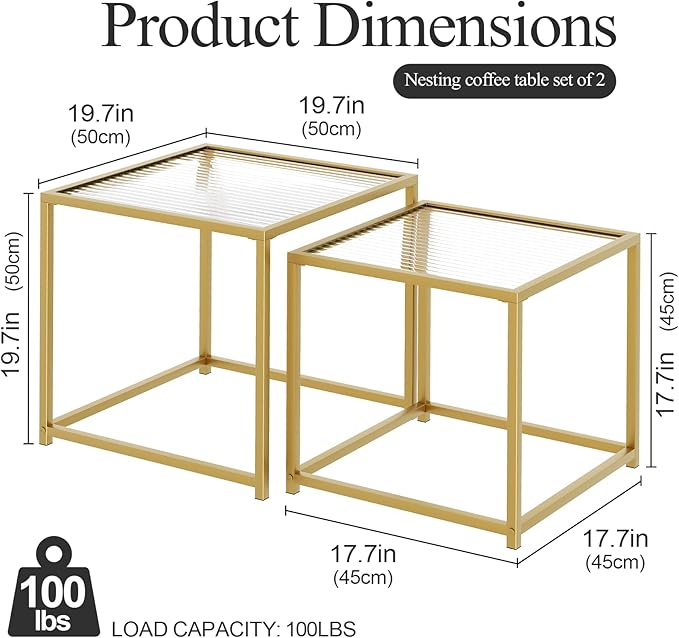 VILAWLENCE Coffee Table Set of 2, Modern Gold Patterned Glass Side Table - Image 2
