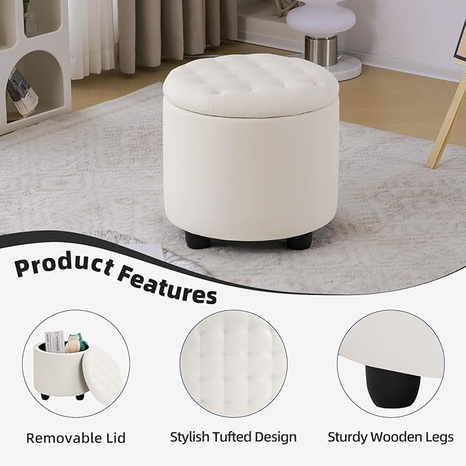 Furniliving Upholstered Button Tufted Round Ottoman, PU Storage Ottoman Round - Image 4