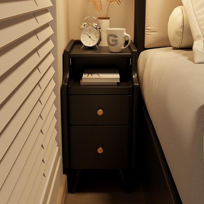 Small Nightstand with Drawers, Solid Wood Bedside Table, Narrow Walnut - Image 6