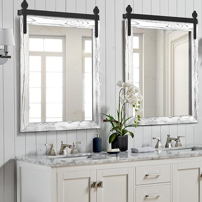 YOSHOOT Farmhouse Barn Door Mirror, Wooden Farmhouse Style - Image 5