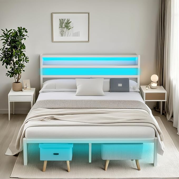 Full Size Bed Frame with Headboard, Heavy Duty Steel Slats Support-LED Bed by CLIBFENG