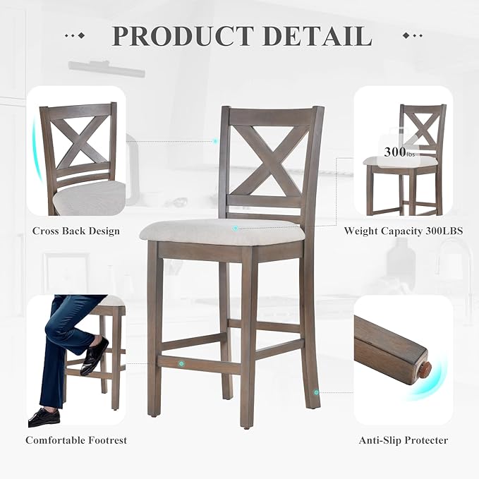 Upholstered Counter Height Bar Stools Set of 4, Modern Kitchen Island Barstools - Image 3