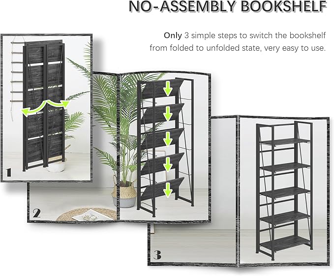 4NM No Assembly Folding Bookshelf, 5-Shelf 62.2" H Collapsible Foldable - Image 6