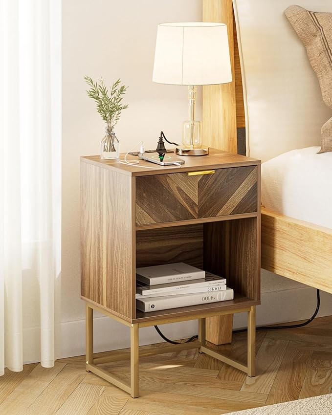 Nightstand with Charging Station, Boho Night Stand Wood Farmhouse Bedside Table - Image 6