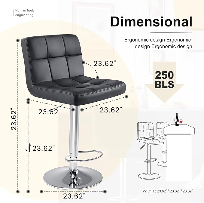 DUMOS Bar Stools Set of 2, Armless Adjustable Swivel Barstools, PU Leather - Image 3