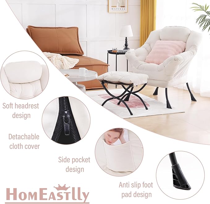 Lazy Chair with Ottoman, Modern Lounge Accent Chair with Armrests and a Throw - Image 6