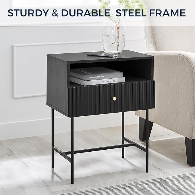 OCANDO Black Night Stand 19" Bedroom Bedside Table, Mid Century Modern Small - Image 3