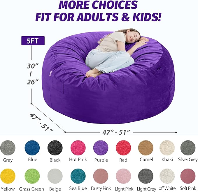 5FT Bean Bag Chair with Ultra Soft Velvet Cover Bean Bag Sofa with Memory Foam - Image 2