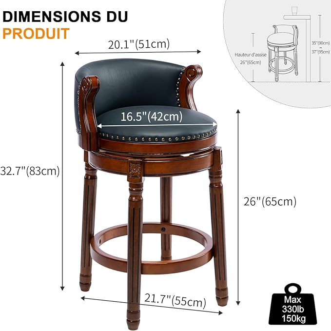 Cow top Leather Wooden Bar Stools, 180 Degrees Swivel Barstools Chair - Image 3
