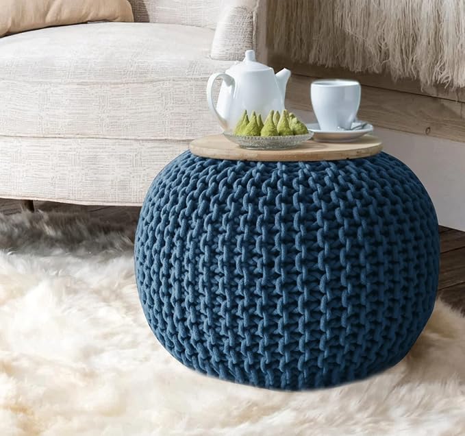 FRELISH DECOR Round Pouf Ottoman Hand Knitted 100% Cotton Pouf Foot Stool - Image 2