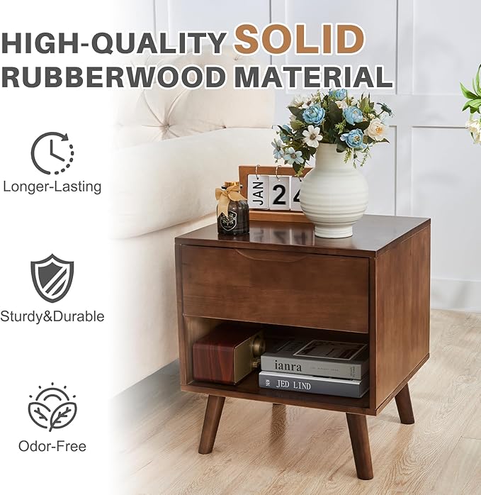 Uniclinens Nightstand with Drawer and Opening Storage, Modern Solid Rubberwood - Image 3