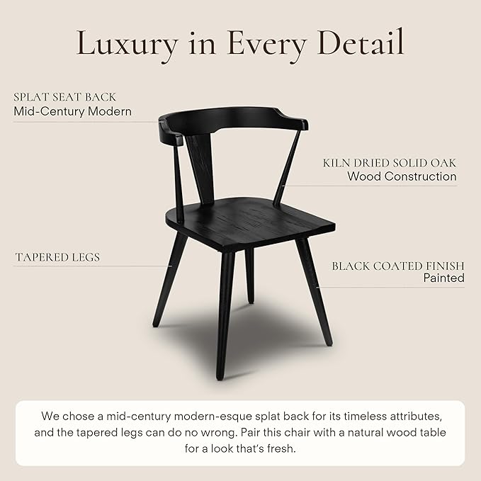 POLY & BARK Mid Century Modern Enzo Black Dining Chair – Solid Oak Wood Splat - Image 5
