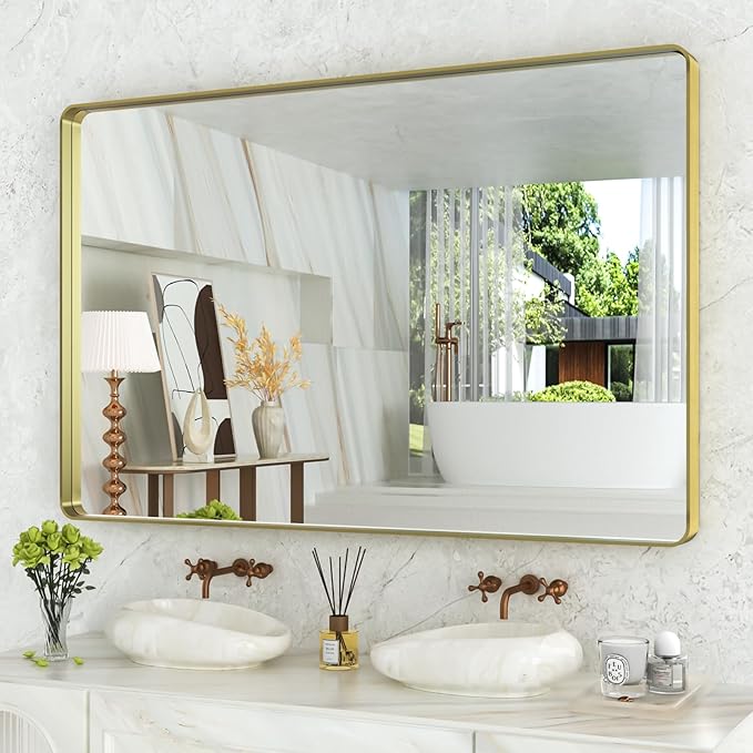 WEER Gold Bathroom Mirror, 55X36 Inch Brushed Gold Metal Frame Mirror, Rounded by WEER