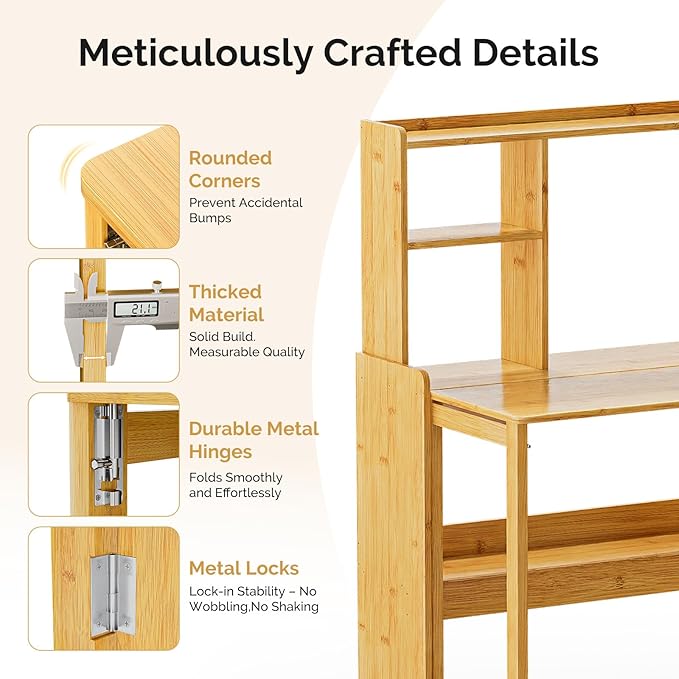 31.1" Bamboo Folding Desk with Bookshelf, Compact Computer Desk - Image 5