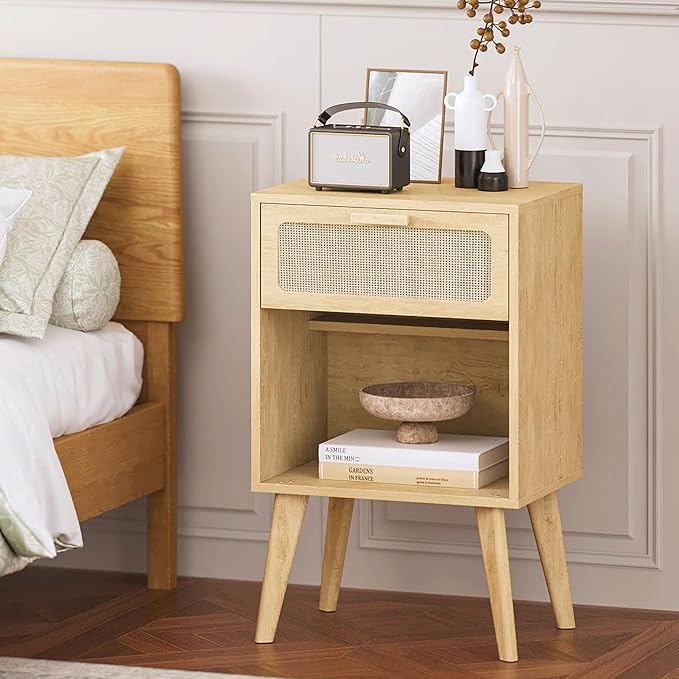 Rattan Nightstand with Opening Storage, Boho Bedside Table with Drawer - Image 4