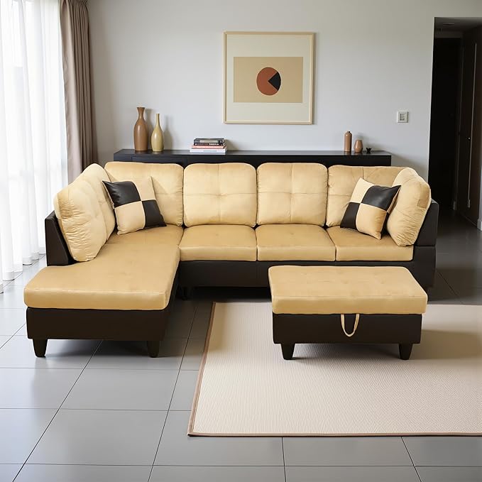 L Shaped Couch Modern Sectional Couch Upholstered Lint Fabric 3 Pieces Sofas by LynginsCreativeLife