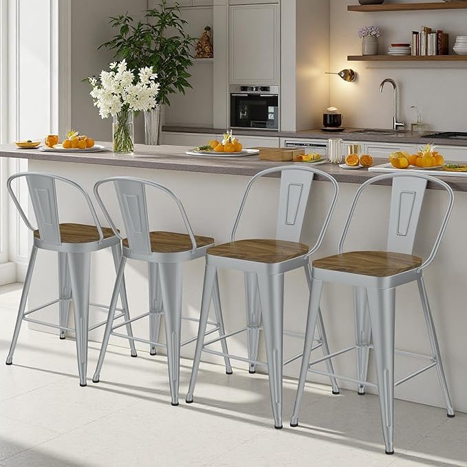 Metal Bar Stools Set of 4, High Back Bar Stools - Image 2