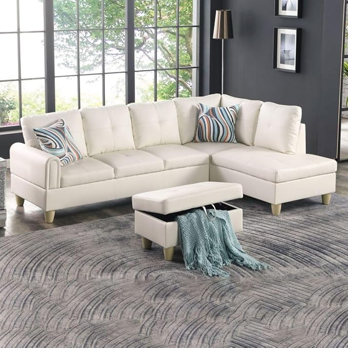 Pearl White L-Shaped 3-Piece Faux Leather Sofa by Unknown