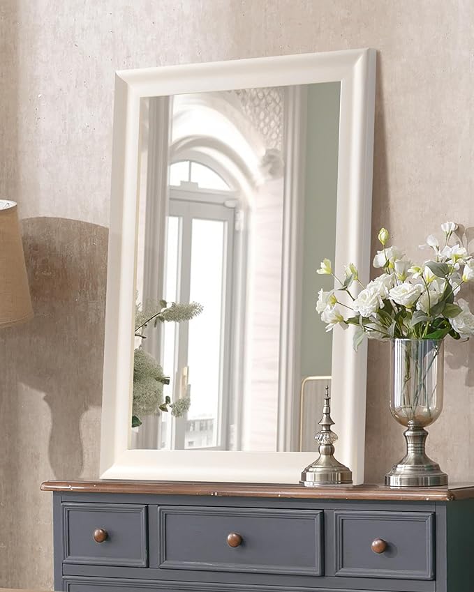 CULER White Wood Wall Mirror for Bathroom, Rectangle Rustic Beige 24 x 36 inch - Image 4